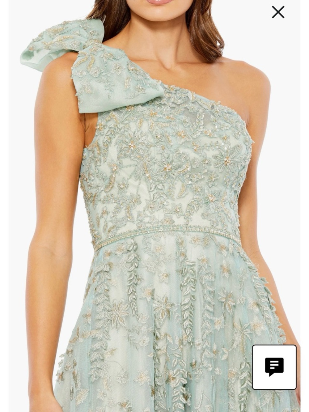 Mac Duggal One-Shoulder Mint Green Embroidered Maxi Dress